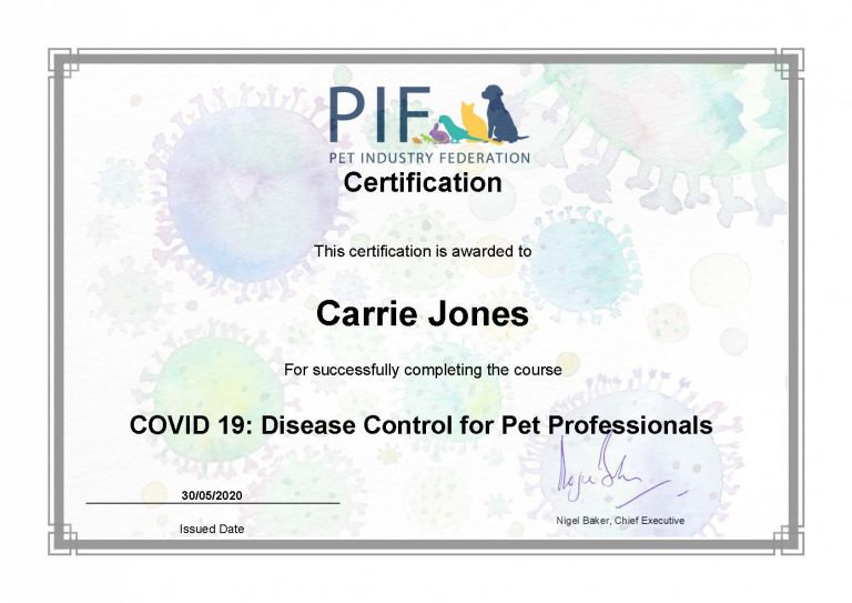 Certification Covid 19 Disease Control For Pet Professionals Carrie jones